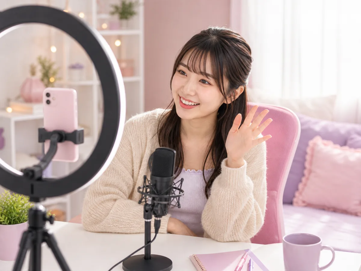 スマートフォンに向かってライブ配信をしている女性