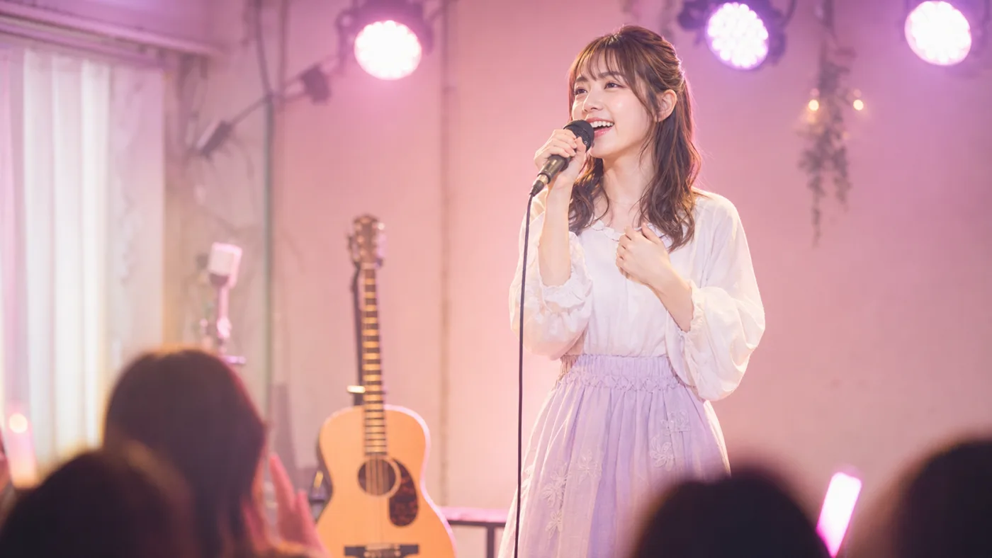 ライブステージで歌っている女性シンガー