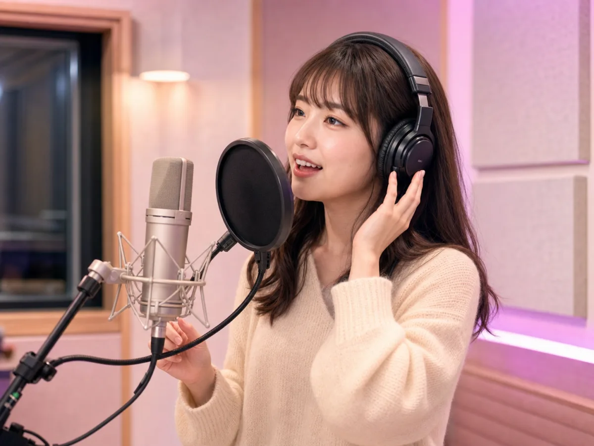 レコーディングスタジオで歌っている女性
