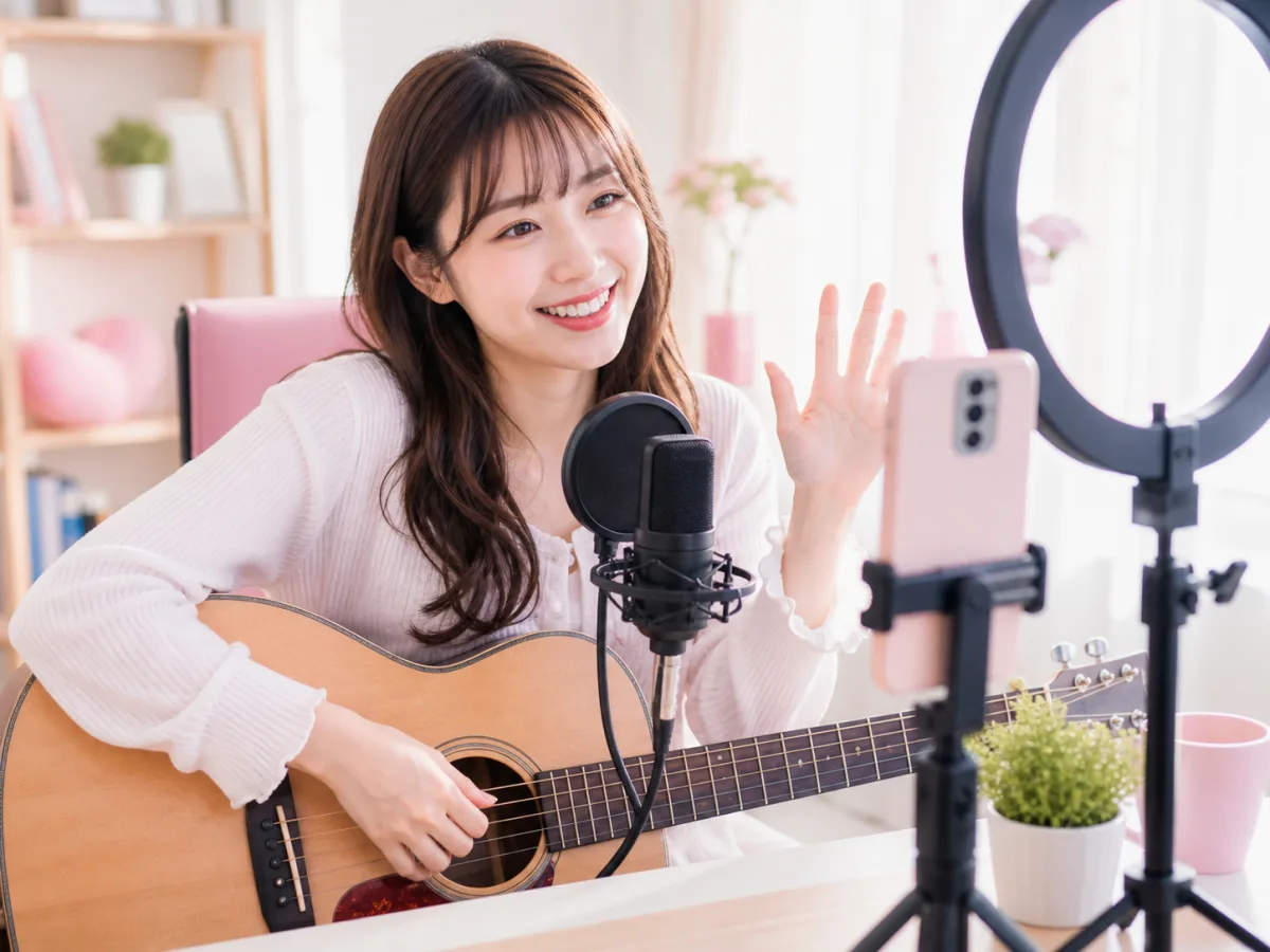 自宅でライブ配信をしている女性