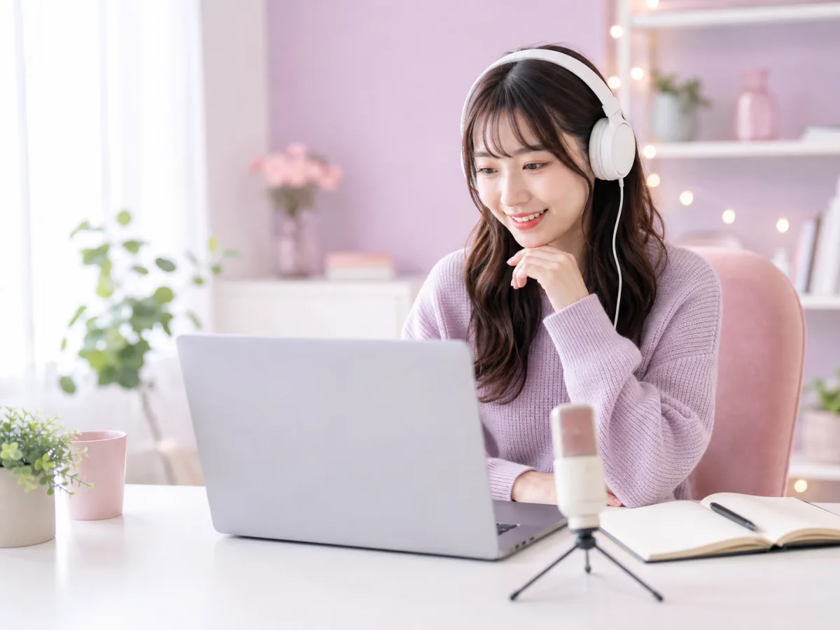 ヘッドホンを着けノートパソコンで相談している女性